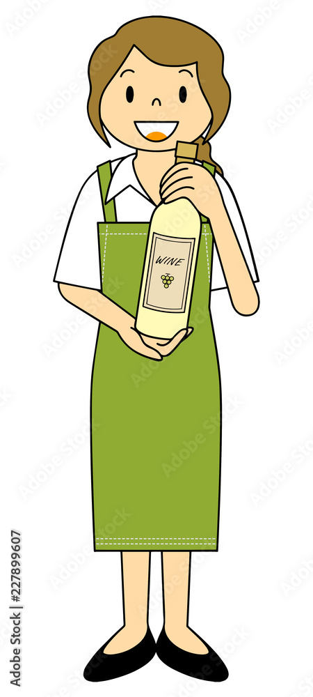 エプロンの女性店員 立ち姿 ワインボトルを持つ Stock Illustration Adobe Stock