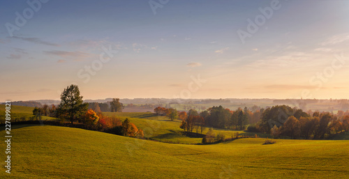 Empty panoramic autumn landscape at the sunset with copy space