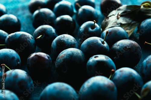 Obraz na płótnie many fresh plums on blue background close up.