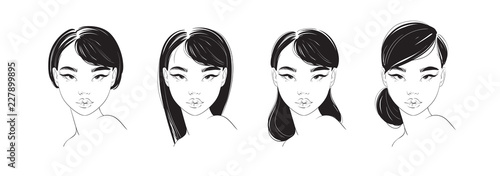Beautiful vector asian young woman. Hand drawn stylish woman portrait. Fashion lady. Sketch.