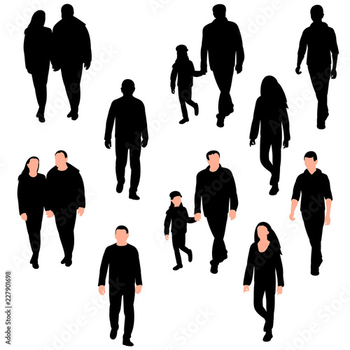 vector, white background, set of silhouettes people go, man and women