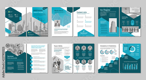 Brochure creative design. Multipurpose template with cover, back and inside pages. Trendy minimalist flat geometric design. Vertical a4 format.
