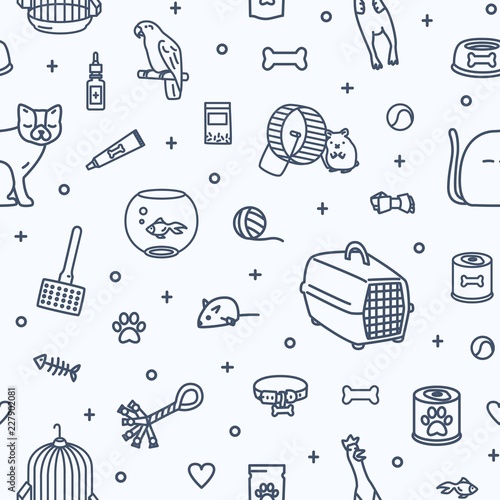 Monochrome seamless pattern with domestic animals and items for pet care and entertainment drawn with contour lines on white background. Vector illustration in modern linear style for fabric print.