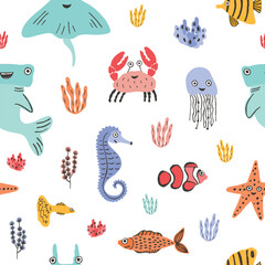 Fototapete Meerestiere-Kindermuster Bunte Meerestiere Korallen Algen Muster  © Good Studio