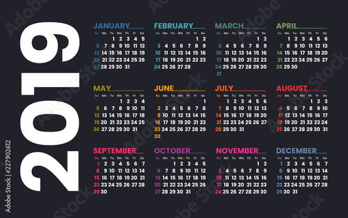 Calendar 2019 vector template. Week starts on Sunday. Colorful grid on a dark background.