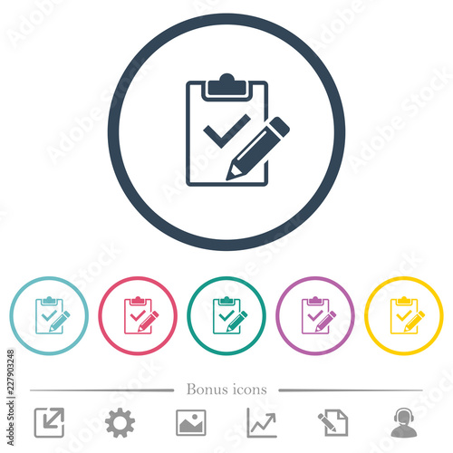 Fill out checklist flat color icons in round outlines