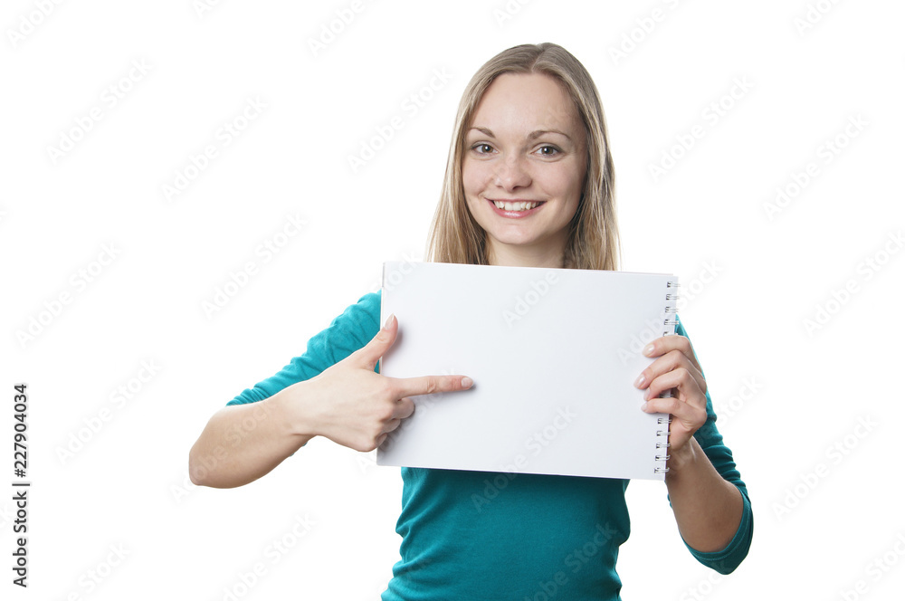 happy young blonde woman holding blank sign and pointing to copy space happy young blonde woman holding blank sign and pointing to copy space