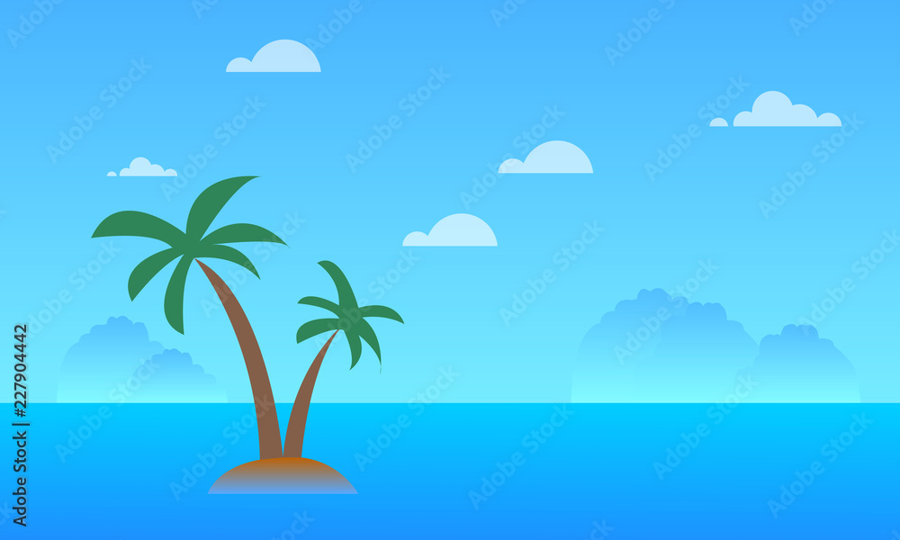 Beautiful seascape with mountains , sky , clouds, coconut tree and ocean landscape background vector illustration