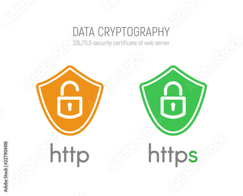 Http and https security certificates in shields vector illustration on white background. Web browser protocols isolated icons