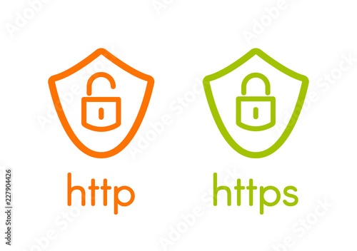 Http and https on shields linear vector illustration on white background. Web browser protocols isolated logos
