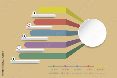 Colorful empty infographic of stairs showing the five steps of process. Color labels converge into an empty white circle  ready for your text.
