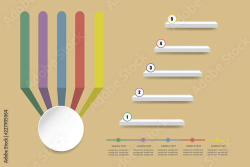 Colorful empty infographic of stairs showing the five steps of process. Color labels converge vertically into an empty white circle  ready for your text. All on the light brown background.