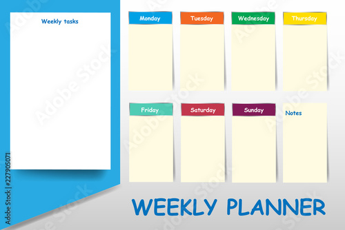 Weekly planner with blank label for week tasks and light yellow labels for each day of the week designed by different color are ready for your text. 