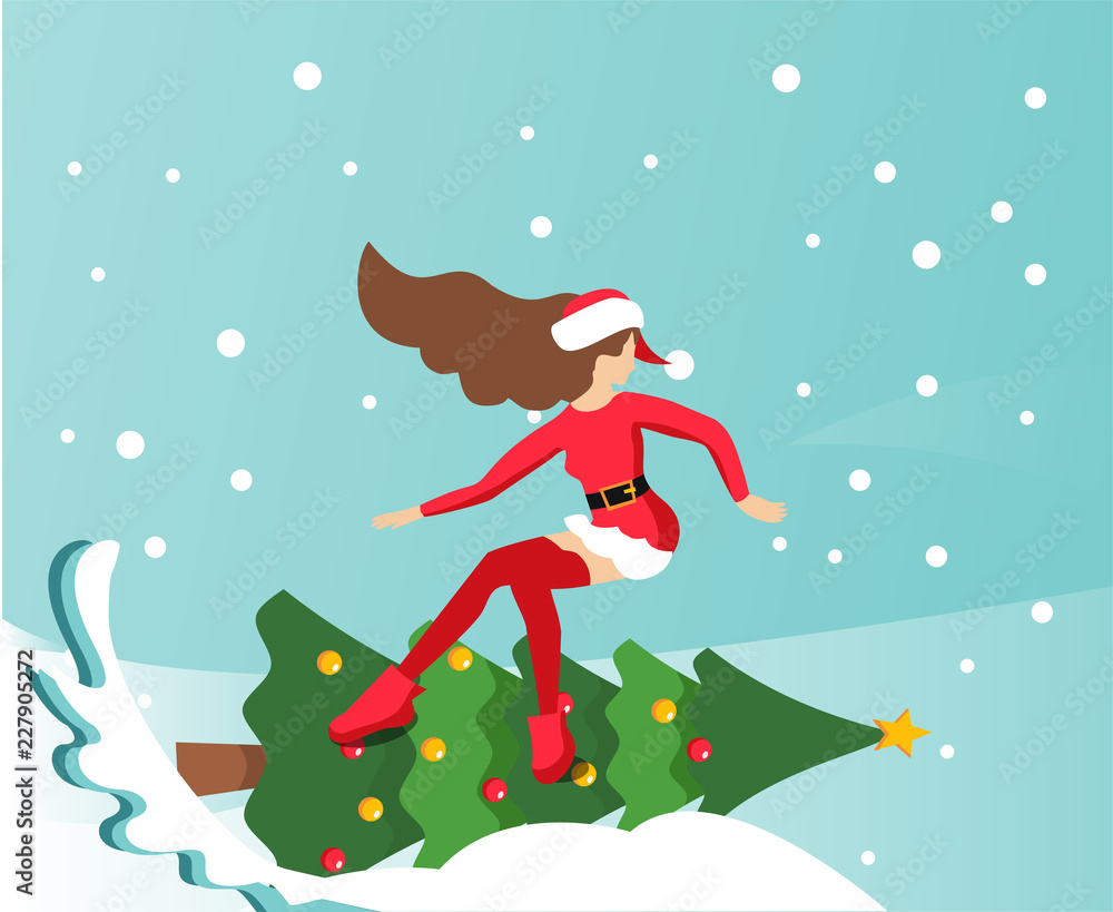 Flat illustration in vector slender girl in traditional suit of Santa Claus snowboards on new year's decorated Christmas tree. Handwritten Christmas is coming. Greeting card with place for text.