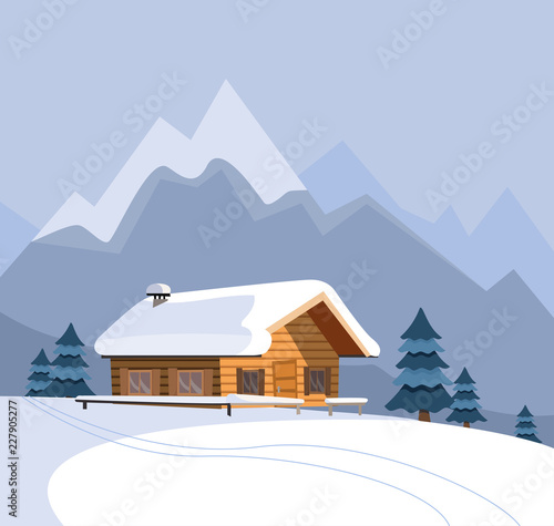 Winter snowy landscape with mountains and wood log country house, spruces, firs, snowy nature, sunny weather. Christmas season card. Flat cartoon style vector illustration in blue colors.