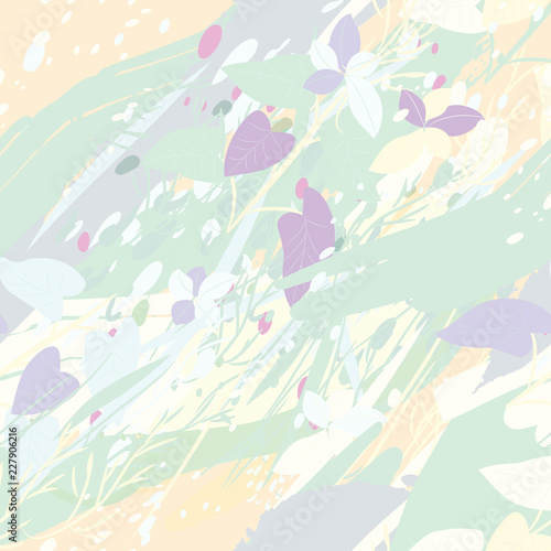 Military camouflage texture with trees, branches, grass and watercolor stains