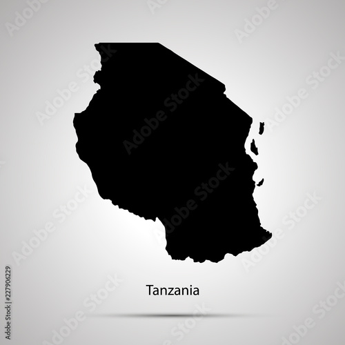 Tanzania country map, simple black silhouette on gray