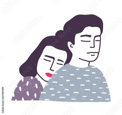 Portrait of adorable young married loving couple or pair of romantic partners...