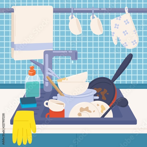 Kitchen sink full of dirty dishes or kitchenware to wash, detergents, sponge and rubber gloves. Messy house. Manual dishwashing or home cleaning. Colorful vector illustration in flat cartoon style.