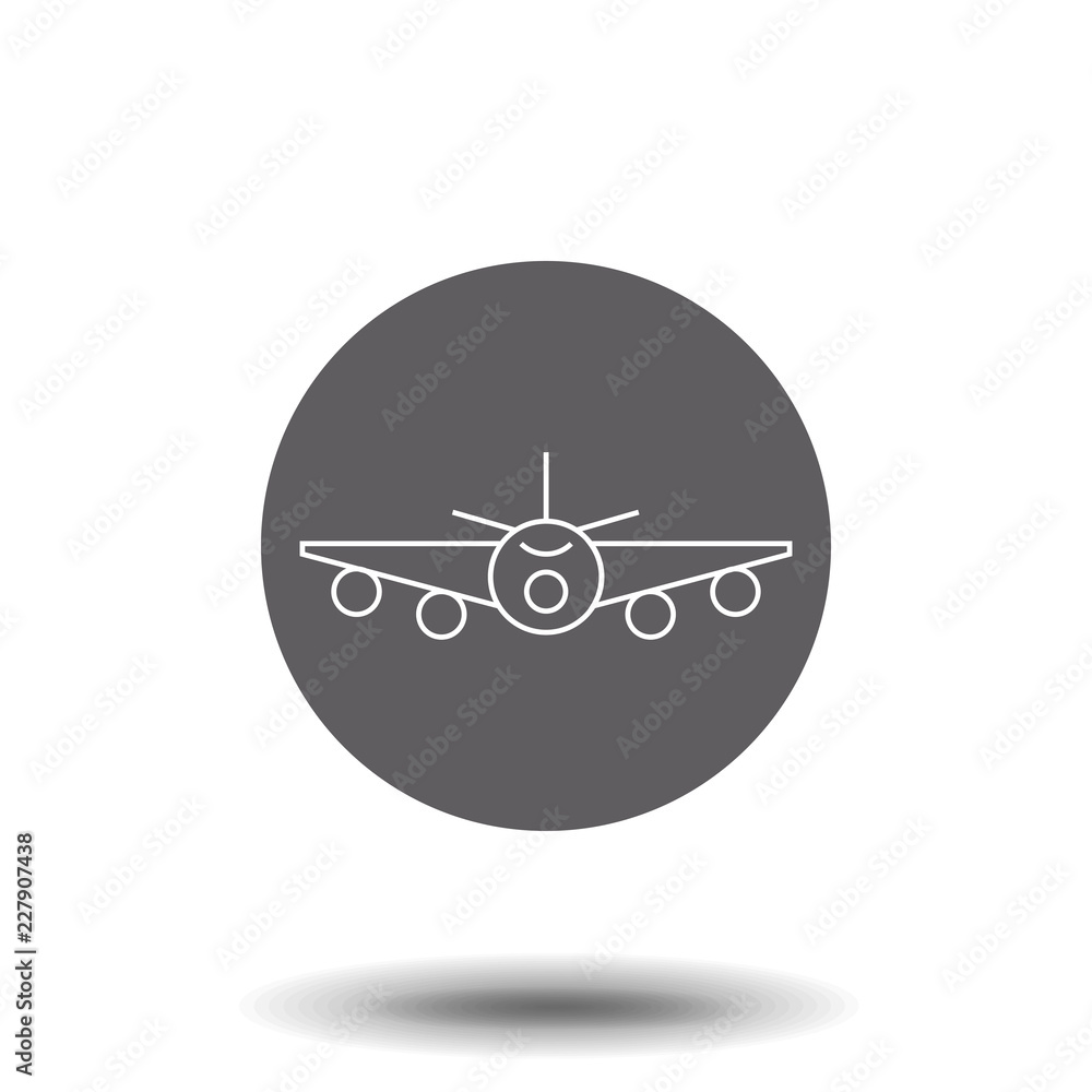 Black outline isolated airplane on white background. Line front view of aeroplane.