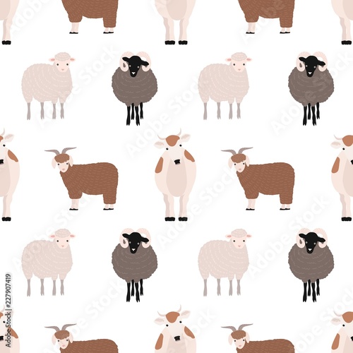Seamless pattern with cute farm animals on white background. Backdrop with domestic livestock - cow, goat, sheep, ram. Colorful vector illustration in flat cartoon style for fabric print, wallpaper.