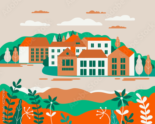 Village landscape flat vector illustration. Buildings, hills, lake, flowers and trees, abstract background for header images for websites, banners, covers