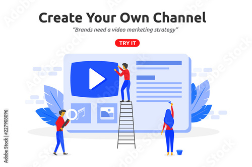 Create online video channel concept modern flat design. Video marketing content