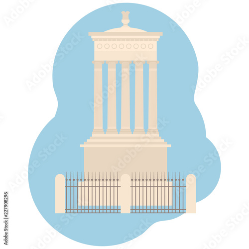 Flat Dugald Stewart Monument on Calton Hill of Edinburgh in Scotland, United Kingdom. Historic sight attraction sightseeing. Travel icon landmark. City architecture of Great Britain.