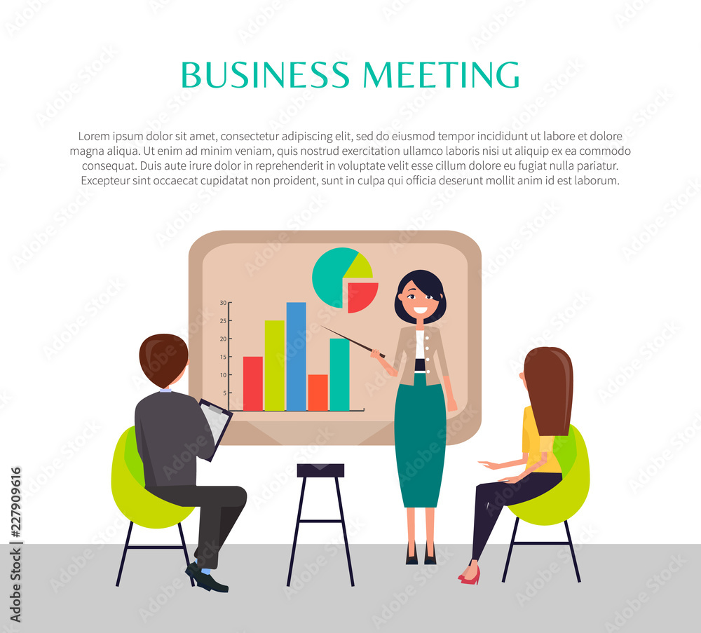 Business Meeting Banner with Woman near Graphic