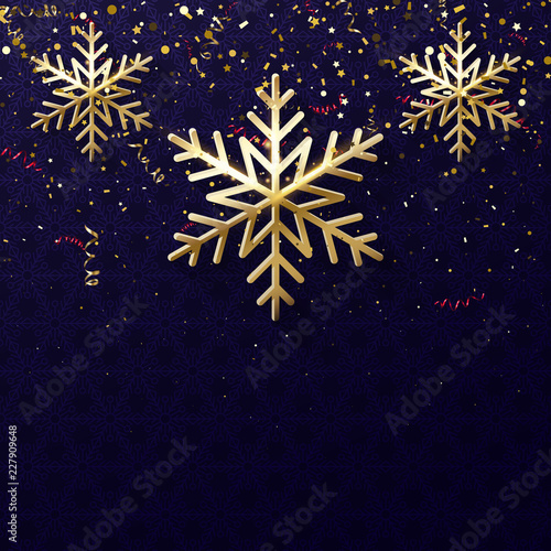 Winter shiny festive background with golden snowflakes and confetti.