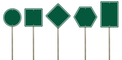 Collection of blank green road sign or Empty traffic signs isolated on white background. Objects clipping path