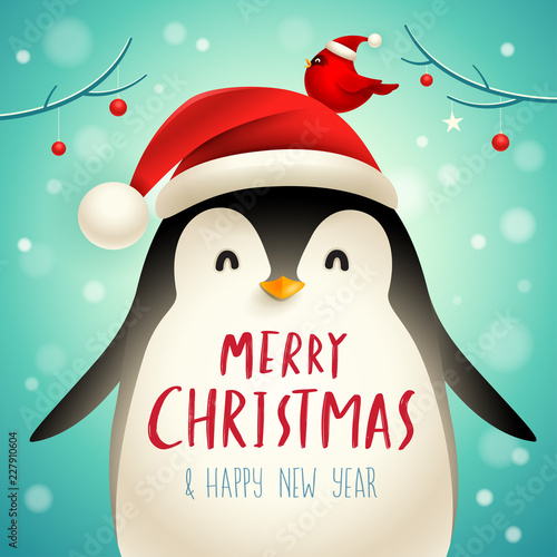 Christmas Cute Little Penguin with Santa’s Cap. Christmas cute animal cartoon character.