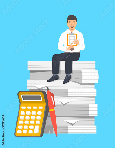 Accountant in business suit sits on stack of papers. Tax payment calculation concept. Accounting documents with calculator and pen. Vector flat illustration. Financial statements metaphor