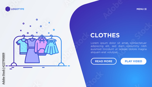 Fashion concept: clothing on the clothes rack with thin line icons: dress, skirt, hoodie, t-shirt. Modern vector illustration, web page template on gradient background.