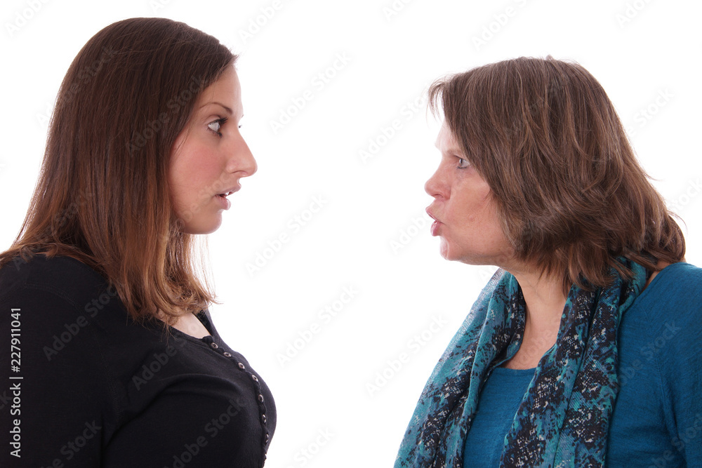 mother shouting at daughter, isolated on white mother shouting at daughter, isolated on white