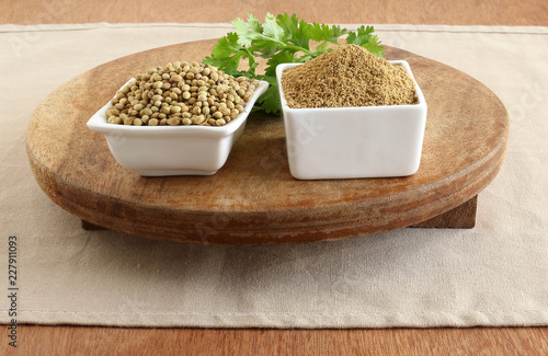 Coriander powder, with coriander seeds and leaves, which is a cooking ingredient, on a wooden table