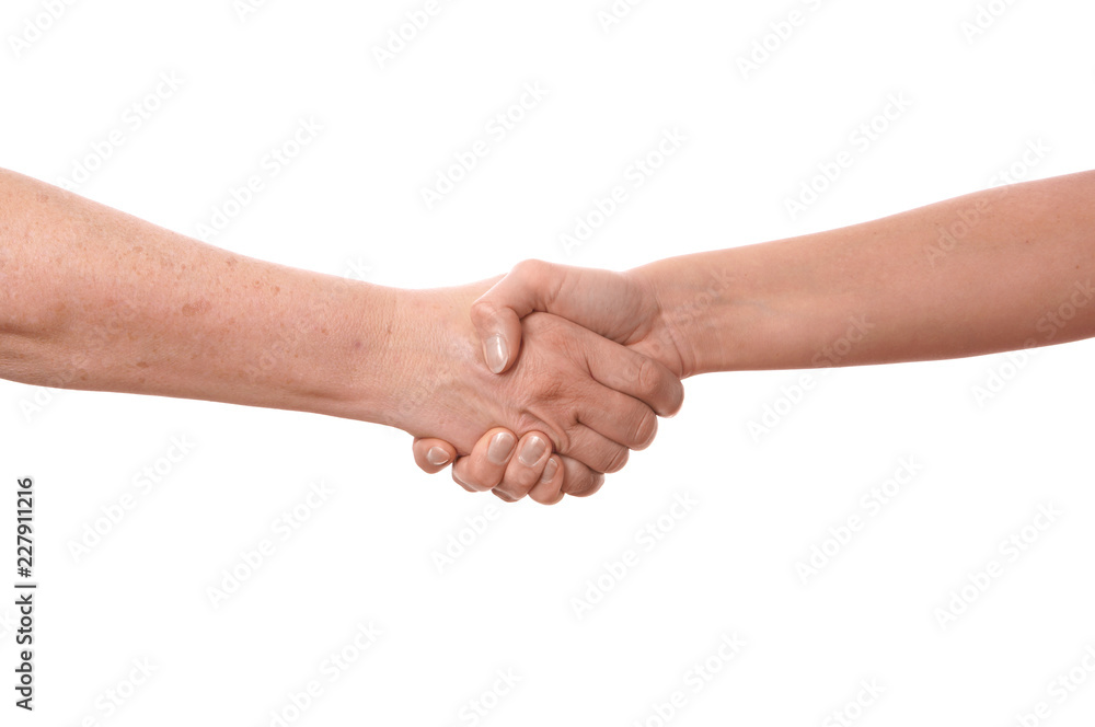 old and young woman shaking hands, isolated on white old and young woman shaking hands, isolated on white