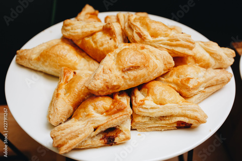 puff pastry on a white plate for catering.