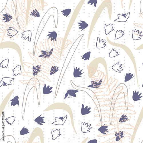 Vector floral seamless pattern with hand drawn scilla or snowdrop flowers and fern leaves. Modern decorative background in pastel colors.