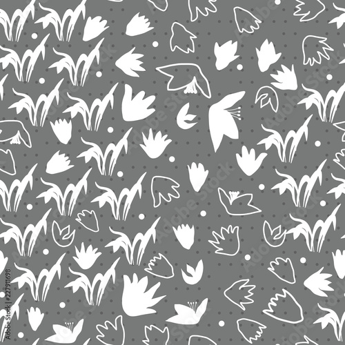Vector floral seamless pattern with hand drawn scilla or snowdrop flowers and leaves. Modern decorative background in pastel colors.