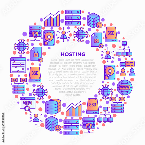 Hosting concept in circle with thin line icons: VPS, customer support, domain name, automated backup, SSD, control panel, secure server, local network, SSL. Vector illustration for banner, print media