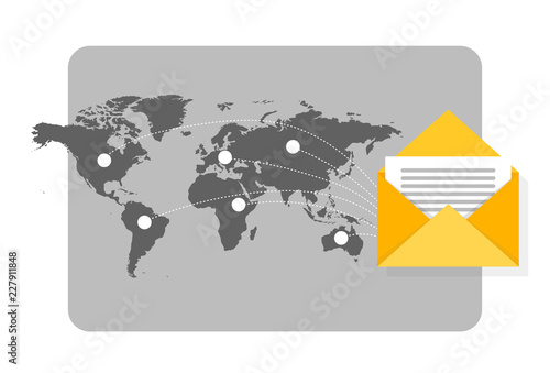Newsletter concept illustration with mail flying spreading around the world with map as background