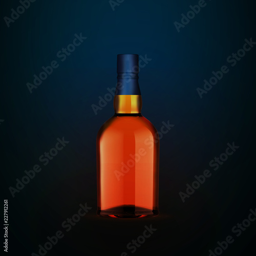 Full whiskey bottle on dark red background. Product packaging brand design. Mock up drink with place for you lable and text. Old and tasty scotch whisky against lit background.