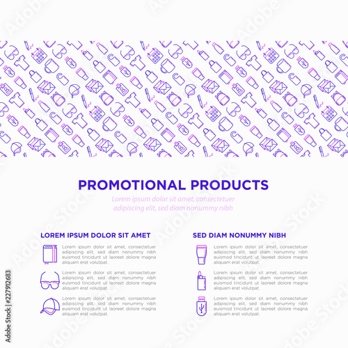 Promotional products concept with thin line icons: notebook, tote bag, sunglasses, t-shirt, water bottle, pen, backpack, cup, hat, travel mug, usb, lighter. Vector illustration, print media template.