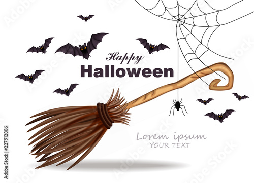 Halloween card with broomstick, bats and spider net decor Vector