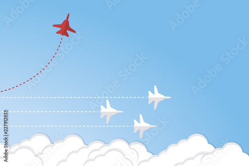 Think different. Think differently concept. Red airplane changing direction. New idea, change, trend, courage, creative solution, innovation and unique way concept.