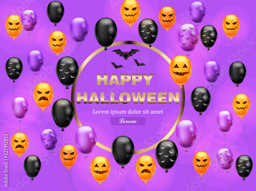 Happy Halloween card with colorful balloons Vector. Violet color backgrounds