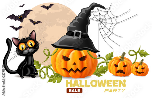 Halloween card with black cat and pumpkins faces Vector realistic