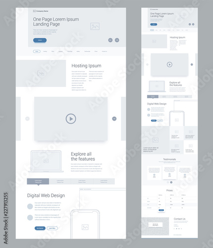 One page website design template for business. Landing page wireframe Digital Web. Flat modern responsive design. Ux ui website: hosting, video, technology, gallery, testimonials, prices, contact us.