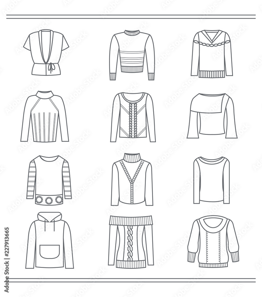 Set of contours of sweaters for women and girls, autumn and winter models, isolated on white background Set of contours of sweaters for women and girls, autumn and winter models, isolated on white background